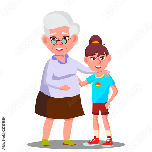 Happy Grandmother And Granddaughter Laughing In Harmony Vector. Isolated Illustration