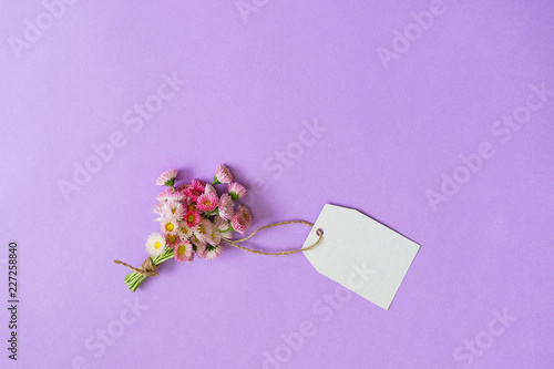 Summer creative composition in minimal style. White and pink Marguerite daisy flowers bouquet and white blank tag on light lilac background. Top view, flat lay, copy space © Tatyana_Andreyeva