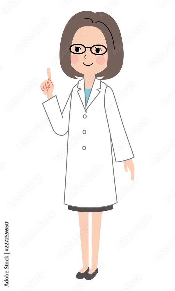 指差しをする白衣を着た女性 指差しをする白衣を着た女性