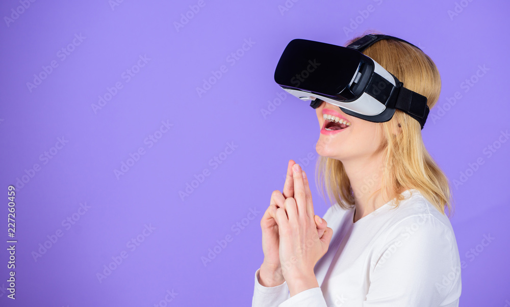 Girl killer technology vr headset play shooter game. Lady with weapon gesture. Enthralling interaction virtual reality. Woman head mounted display violet background. Virtual reality shooting gallery Girl killer technology vr headset play shooter game. Lady with weapon gesture. Enthralling interaction virtual reality. Woman head mounted display violet background. Virtual reality shooting gallery