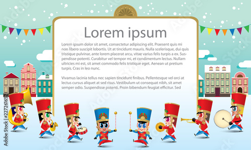 A marching cute brass band with various kind of instruments. With snowing day time street scene. Texts are dummy text.