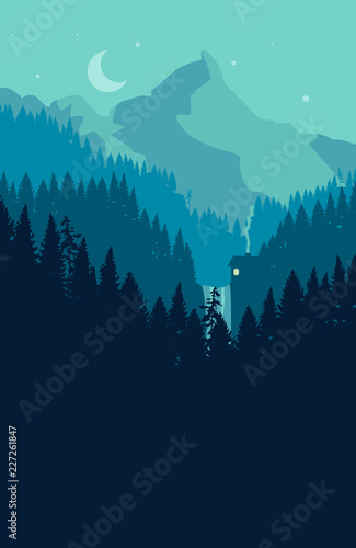 Beautiful landscape with forest, waterfall and house on the background mountains