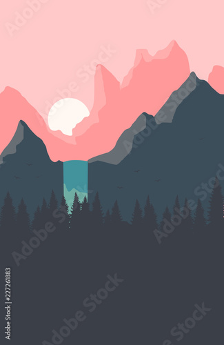 Beautiful landscape with sunset, waterfall, and forest on the background of mountains