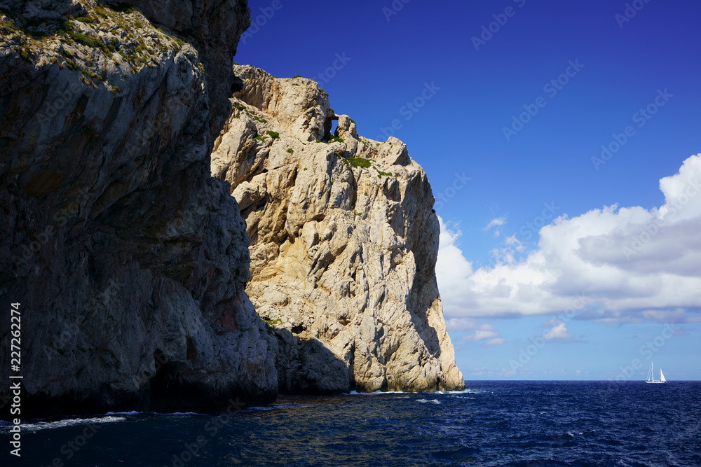 Cliffs on the northern coast near Cap de Formentor, Mallorca, Balearic Islands, Spain.