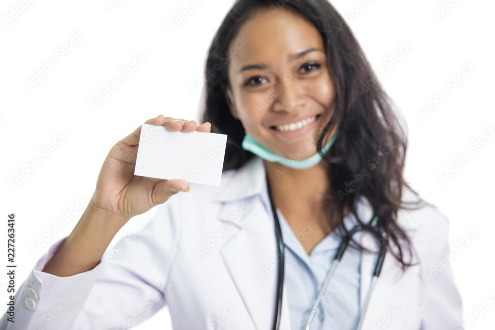 beautiful young doctor holding business card beautiful young doctor holding business card