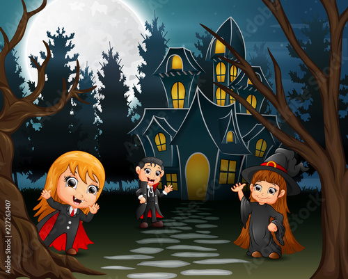 Illustration of kids wearing halloween costume outdoors in the night photo