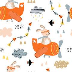 Fototapete Tiermuster mit Fahrzeugen Hasen im Flugzeug Kindermuster  © rosypatterns