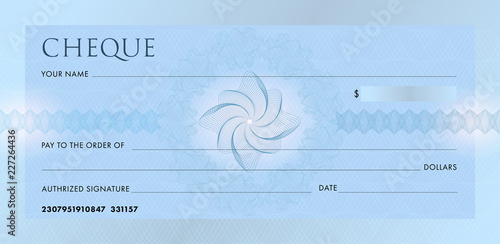 Check template, Chequebook template. Blank blue business bank cheque with guilloche pattern rosette and abstract watermark. Background for voucher, banknote design, , gift certificate, ticket, coupon