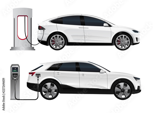 Set of electric SUV with charging stations. Vector illustration EPS 10