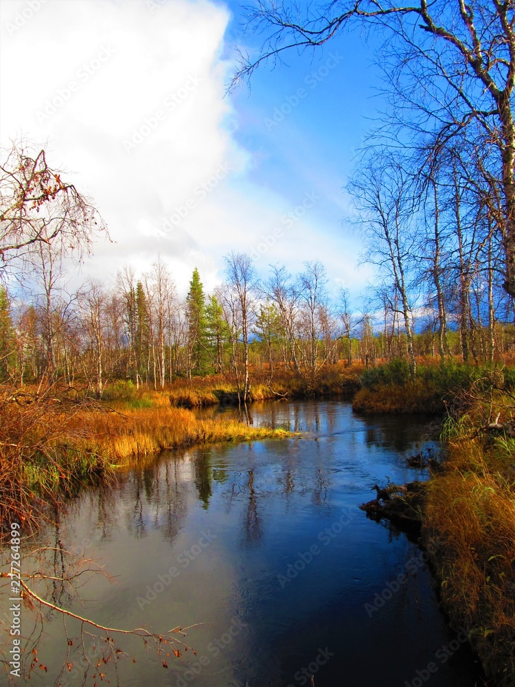 Fototapeta premium Autumn in northern Finland. River and two-colored sky. Beautiful fall season.