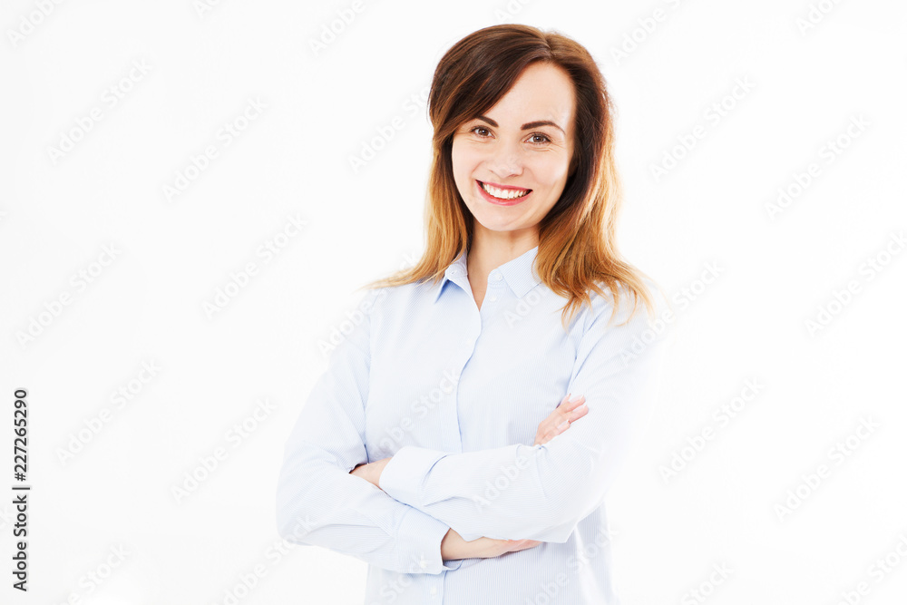 smile modern business woman isolated on white background, girl in shirt, team building, copy space smile modern business woman isolated on white background, girl in shirt, team building, copy space