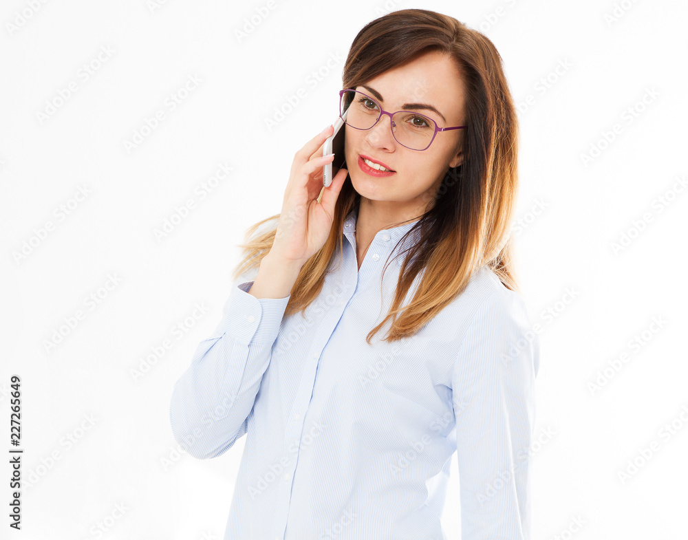 cute business woman talking on mobile phone isolated on white background.Girl in shirt with cellphone. Copy space,blank cute business woman talking on mobile phone isolated on white background.Girl in shirt with cellphone. Copy space,blank