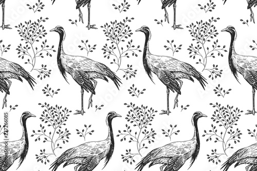 Birds cranes and branches. Seamless pattern. Black and white.