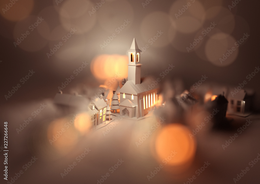 A festive christmas village centre with a church on christmas eve with glowing street lights and decorations. 3D illustration.