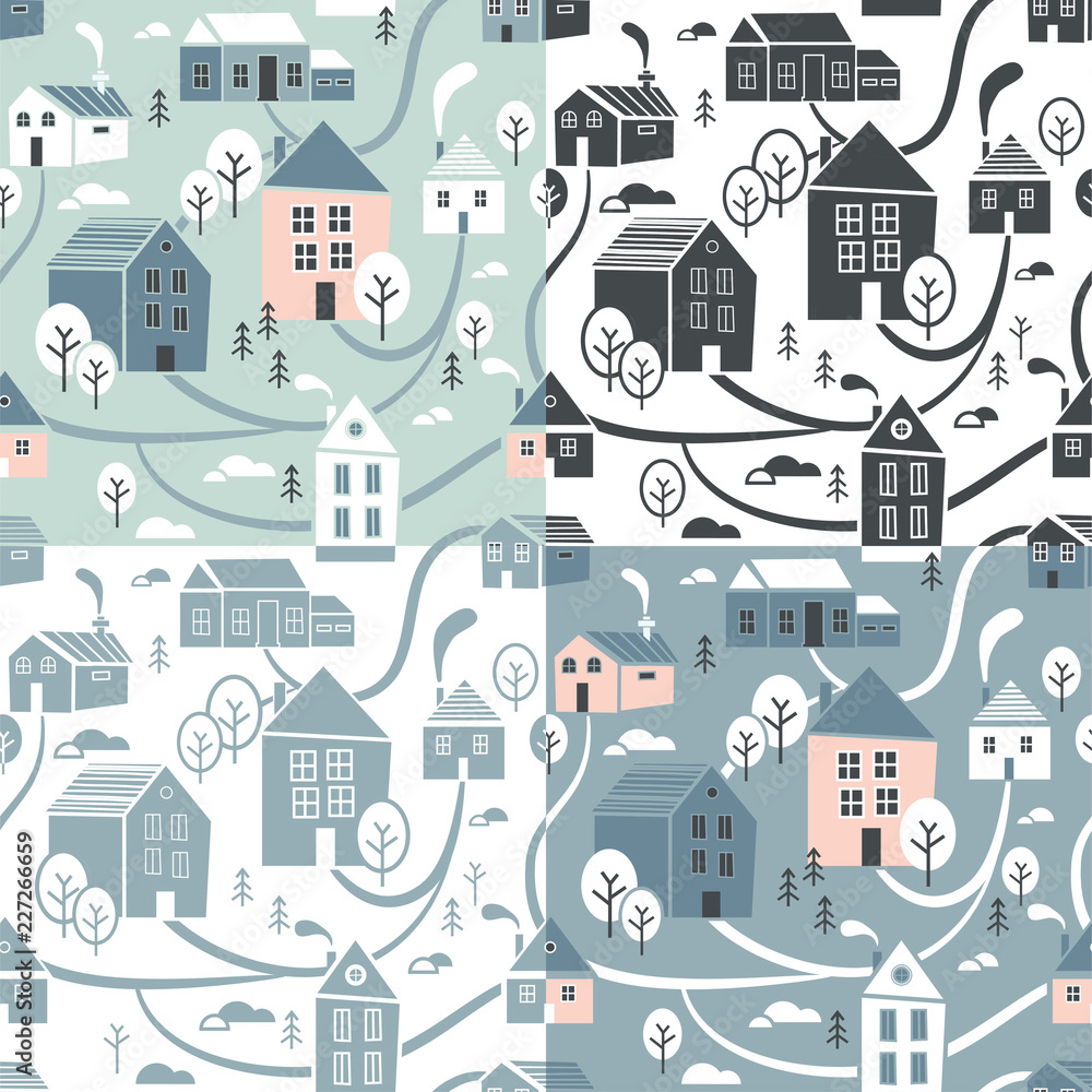 Northern town. Seamless pattern set for winter, New Year and Christmas theme. Creative. Hand drawn Christmas background. Vector Illustration