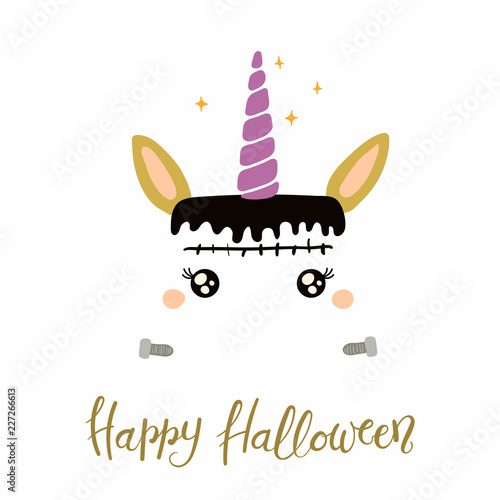 Hand drawn vector illustration of a cute funny Frankenstein unicorn face decoration, with quote Happy Halloween. Isolated objects on white background. Flat style design. Concept for children print.
