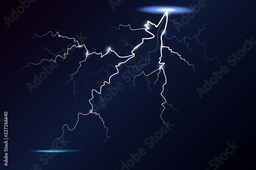 Lightning and thunder bolt, glow and sparkle effect, vector art and illustration. lightning or electricity blast storm.