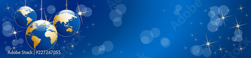 Christmas tree, vector header in blue. Balls in the shape of planet earth, background photo