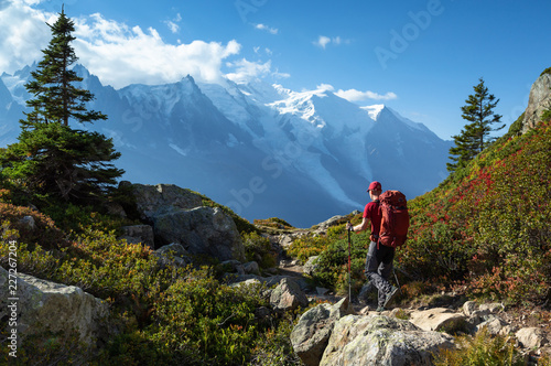 A man hiking on the famous Tour du Mont Blanc near Chamonix, France.