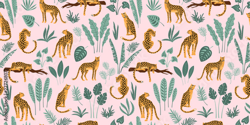 Vestor seamless pattern with leopards and tropical leaves.