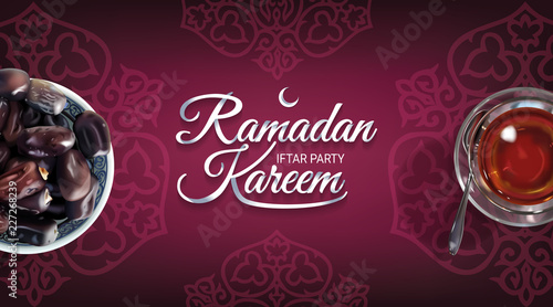 Ramadan Kareem - paper hand lettering calligraphy of Iftar Party. Horizontal banner of realistic illustration with tea and dates.