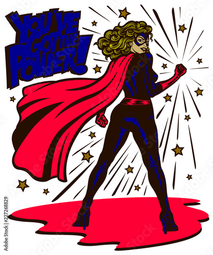 Pop art comic book style powerful female superheroine standing with clenched fist female superhero vector illustration