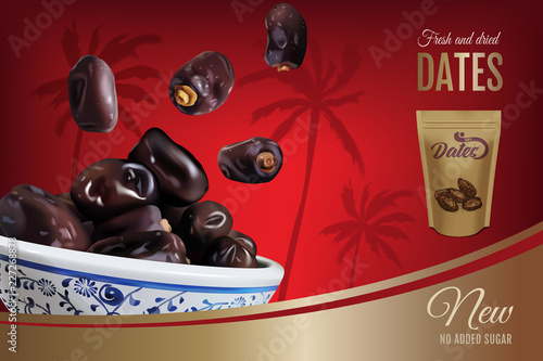 Dried dates ads. Vector realistic illustration of dried dates in a bowl. Horizontal banner with product and packaging mockup.