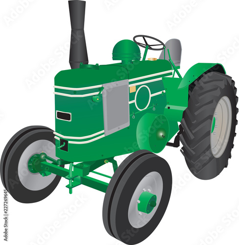 A detailed illustration of a Vintage Green four wheeled Farm Tractor isolated on white