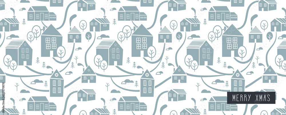 Northern town. Background and Pattern for winter, New Year and Christmas theme. Creative Hand drawn Christmas background in Scandinavian style. Vector Illustration