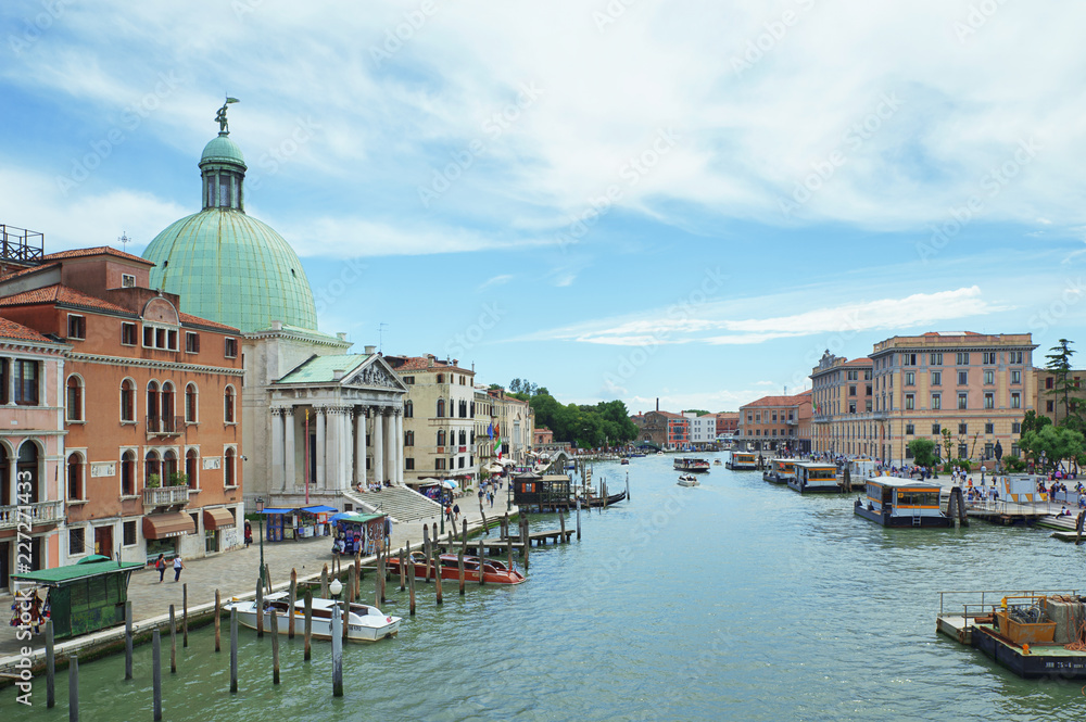 View from Ponte degli Scalzi towards the Grand Canal with San Simeone Piccolo church on the left with its striking oxidized copper dome facing the railroad terminal