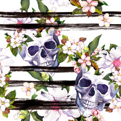 Sierkussen Doodshoofd met bloemen patronen Halloween schedels met inktstrepen aquarel  © zzorik