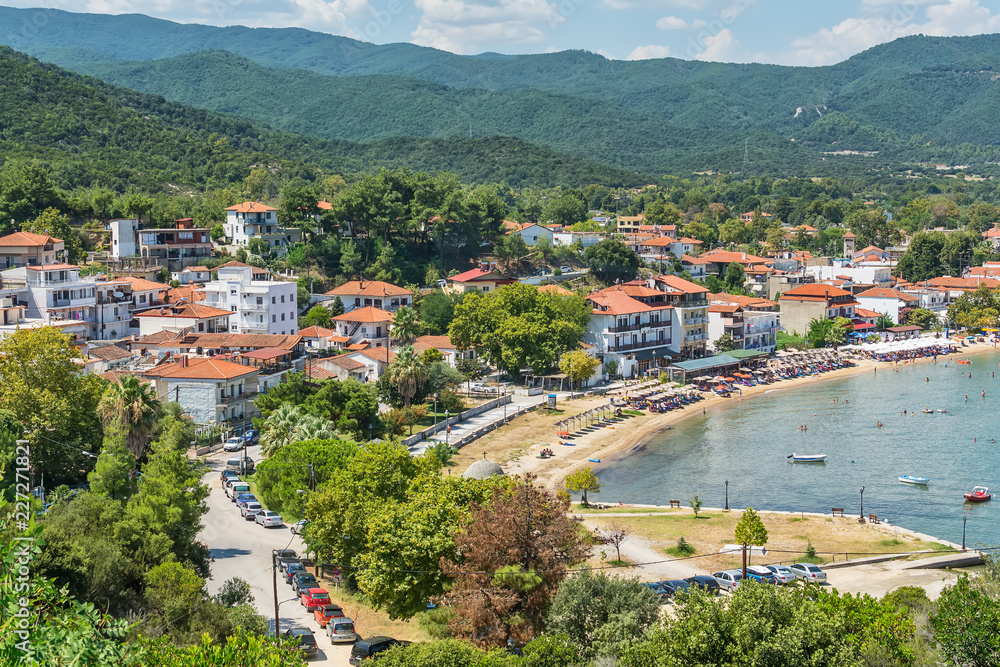 Olympiada, Greece - August 18, 2018: Panoramic view of town of Olimpiada at Chalkidiki, Greece 