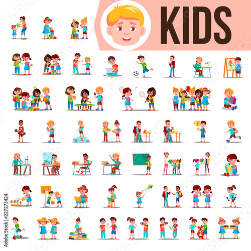 Kids Children Set Vector. Baby Lifestyle Situations. Spending Time Together At Home, Outdoor. Isolated Cartoon Illustration