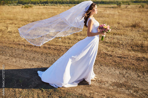 Beautiful smiling bride wearing a natural flower wreath and standing in the golden summer fields photo