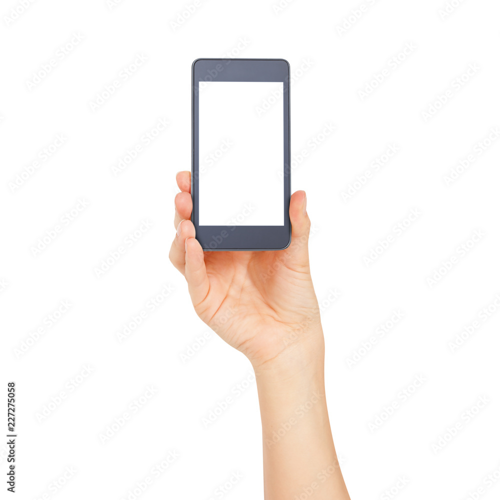 Woman hand holding the white smartphone isolated Woman hand holding the white smartphone isolated