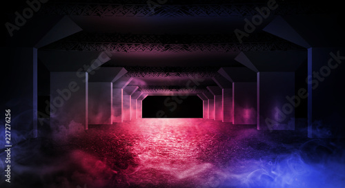 Wallpaper Mural Dark corridor of the underground garage, street exterior, neon light. Abstract dark background of street asphalt with smoke, rays of searchlights in tunnels Torontodigital.ca