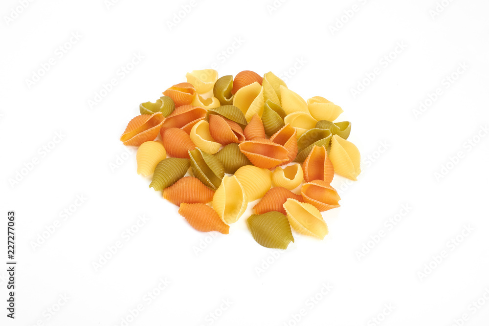 Colored pasta isolated on white background. Top view