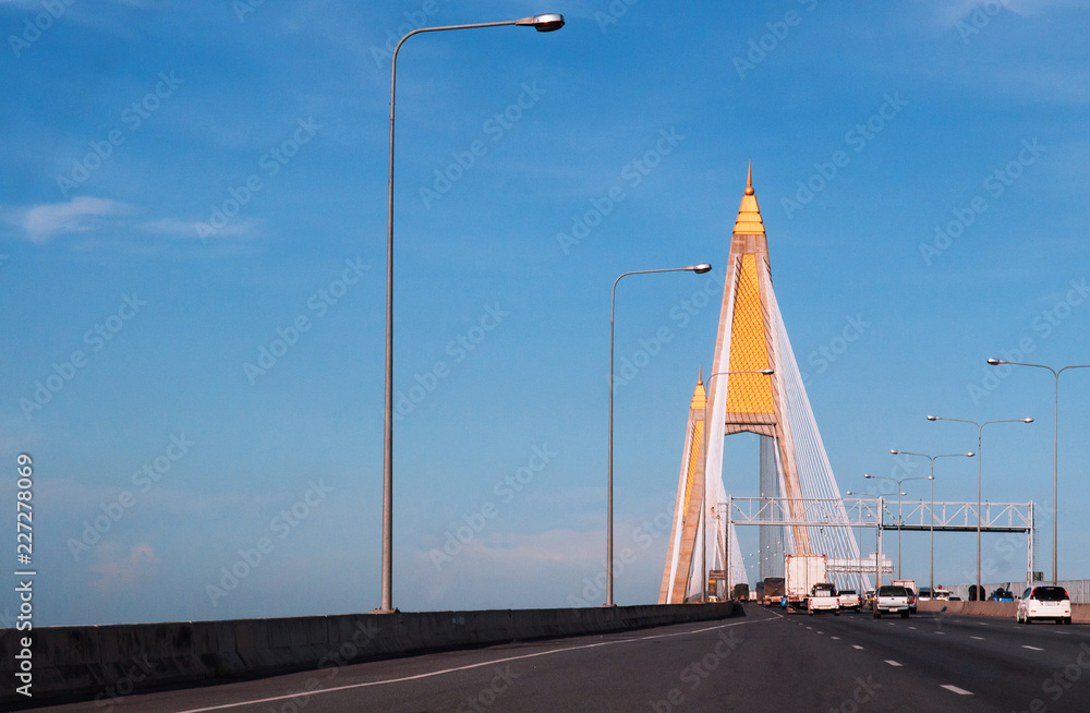 Bangkok traffic on King Bhumibol bridge or Industrial ring road bridge