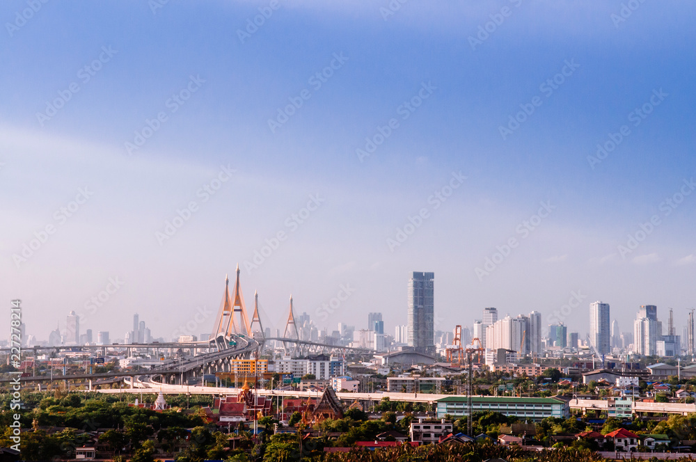 Bangkok skyline cityscape and King Bhumibol bridge or Industrial ring road bridge. Bangkok skyline cityscape and King Bhumibol bridge or Industrial ring road bridge.