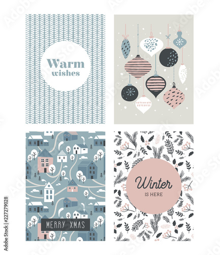 Christmas poster and greeting cards in retro style. Christmas balls in pastel colors, winter landscape and cosy houses. merry christmas illustration