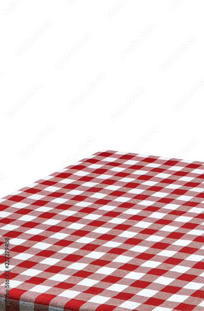 Empty table corner with checkered tablecloth on white background Empty table corner with checkered tablecloth on white background