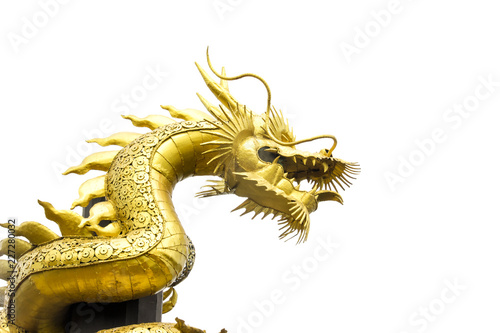 Golden dragon statue  made of iron isolated on white background with clipping path.