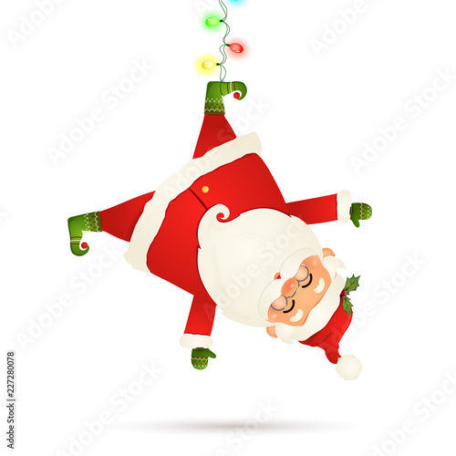 Smiling Santa Claus cartoon character hanging upside down with garland string of twinkle lights with multicolored bulbs isolated on white background. Santa clause for winter and new year holidays.