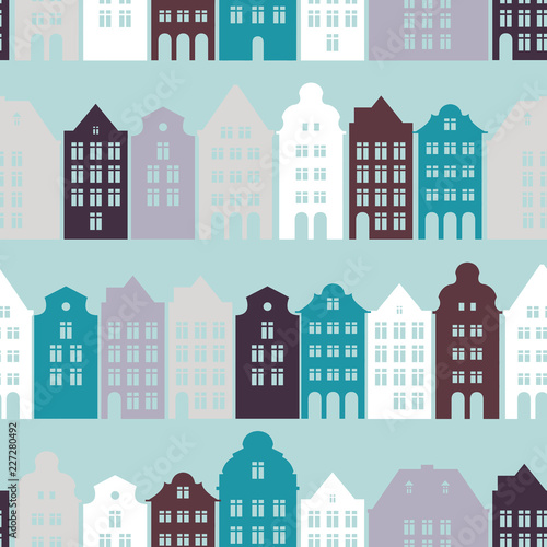 Seamless pattern with european residential houses and streets. Historic architecture. City tourism. Vector illustration.