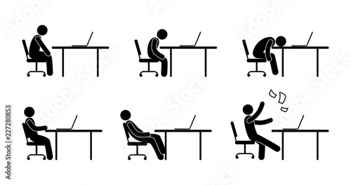 Worker working in front of a computer at office workplace. Different postures of the person at the table during work. Businessman reads, sleeps, watches videos, relaxes using a laptop.