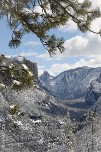 Tunnel view in Yosemite on a sunny day after a snow storm