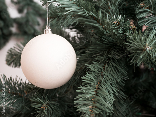 White decoration ball on fir tree