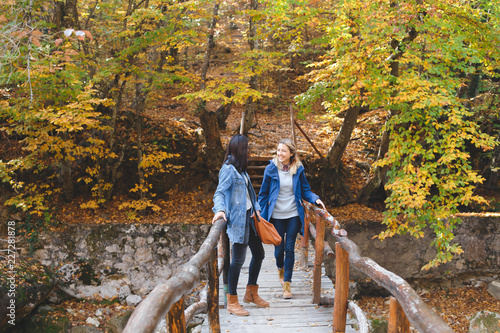 Two young girl friends walking on a wooden bridge in the autumn forest, talking and laughing.