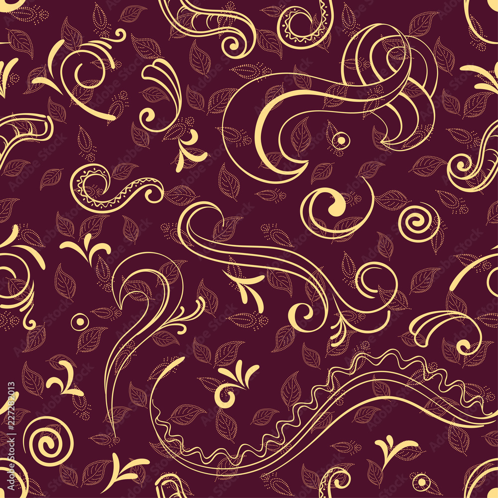 Seamless Pattern, Abstract Outline Figures on Tile Brown Background with Leafs Pictograms. Vector Seamless Pattern, Abstract Outline Figures on Tile Brown Background with Leafs Pictograms. Vector