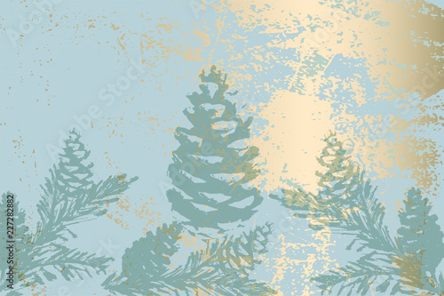 Trendy Chic Pastel colored background with Gold Foil shapes and painted christmas tree silhouettes. Abstract unusual textures for wallpaper, greeting cards, headers, decoration elements. Vector © Anna Sokol